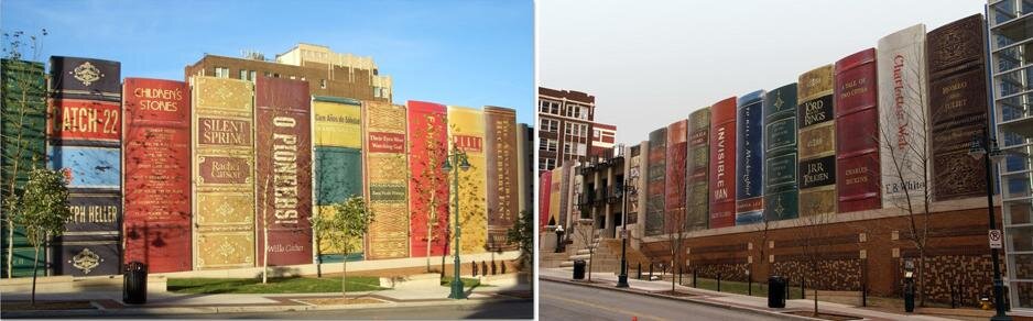 Дом библиотека 
Общественная книгохранилище Канзас-Сити, штат Миссури, США, построенная еще в 1837 году, не один переезжала на свежие пространства. И в конце концов в 1997 году бесповоротно основалась в здании Первого государственного банка. Позднее были собраны способы на реконструкцию сего строения, и в 2004 году книгохранилище стала в новеньком, абсолютно необыкновенном оформлении. Фасад строения исполнен в облике книжной полки, на которой находятся большиекнижки. Обитателям мегаполиса было предложено избрать создателей книжек, которые писали о Канзасе, а еще иных популярных создателей всевозможныхэпох и народов. И ныне вселенские писатели и их творения изображены на здании данной оригинальной библиотеки.

Дом-ботинок (штат Пенсильвания, США)