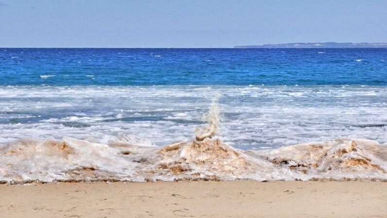 Ледяные вулканы, такие как тот, который мы видели "извергающимся" здесь вдоль берегов озера Мичиган, возникают, когда волна выталкивает воду из отверстия во льду, заставляя ее стекать вниз, как лава, и замерзать.