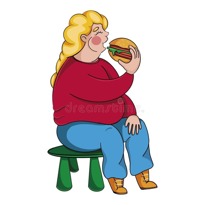 Был неуклюж толстый. Толстая девочка ест. Толстая женщина ест бургер. Толстуха иллюстрация сидит.