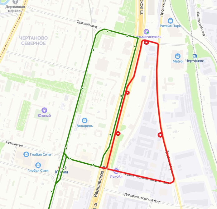 Зеленым старый маршрут 708 автобуса. Красным новый маршрут с остановками в кружках. Схема на основе Яндекс.Карт.