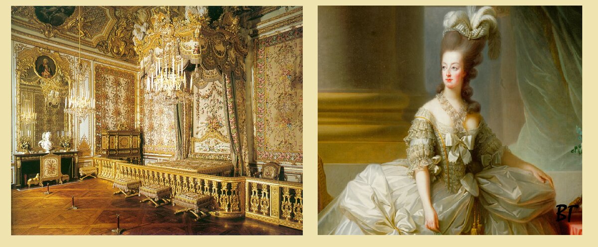 Слева - королевская спальня, справа - портрет Марии-Антуанетты