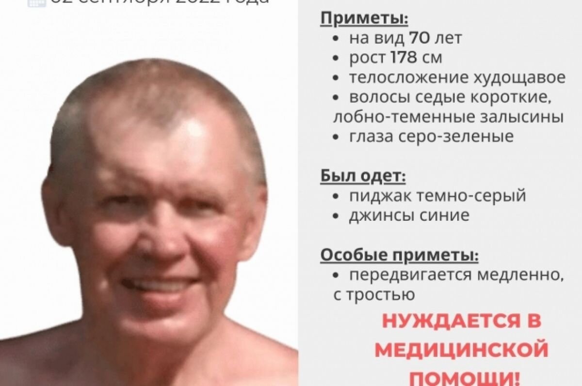    На вид 70 лет, рост 178 сантиметров, телосложение худощавое, волосы седые короткие, лобные теменные залысины, глаза серо-зелёные.