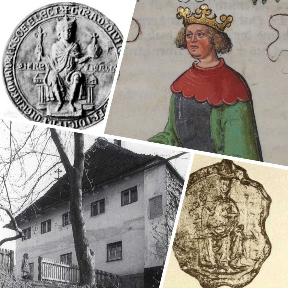 Вверху - печатьи изображение Конрада IV. Внизу - дом на месте несохранившегося замка Гогенщтауфенов с табличкой, говорящей о рождении Конрадина. Монета с изображением матери Елизаветы Баварской.