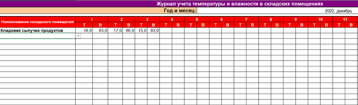 Журнал учета температуры влажности в складских помещениях