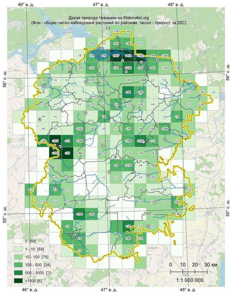 По растениям это выглядит так. 6535 наблюдений 759 видов. 59 пустых квадратов и в 6 - более 1000.