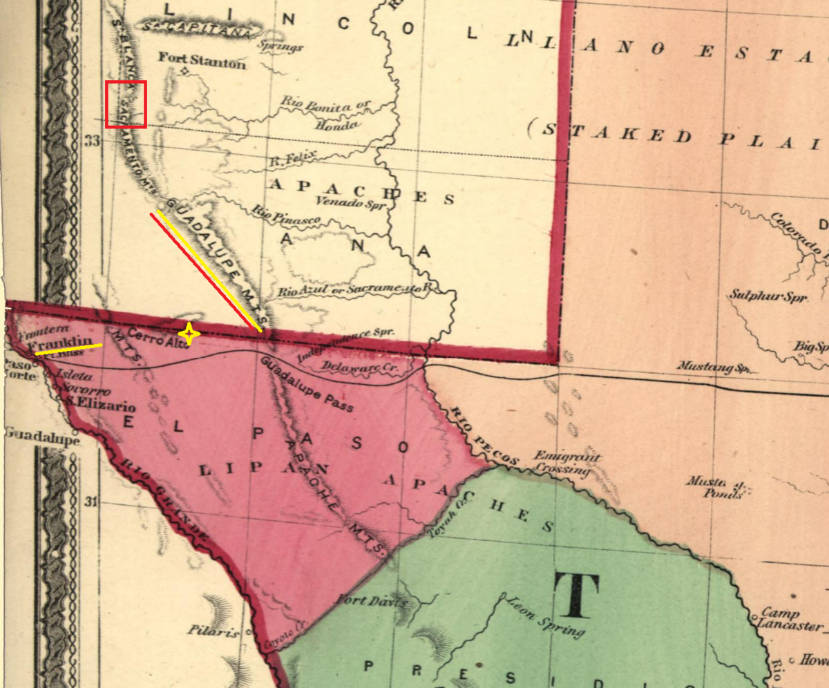 Фрагмент карты Техаса, 1874 г. Эль-Пасо тогда назывался Франклином, Красный прямоугольник - резервация мескалеро в Сьерра-Бланко, Лос-Корнудас отмечен желтой звёздочкой. 