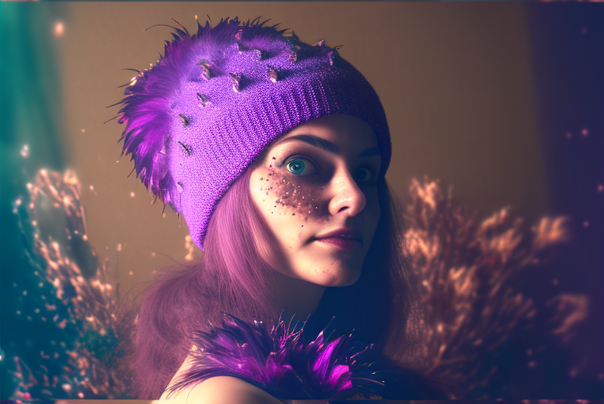 Вязаная шапочка, основным узором которой стала лицевая или изнаночная гладь. Акцентом шапки является большой пушистый помпон и пайетки с меховыми или перьевыми вкраплениями.