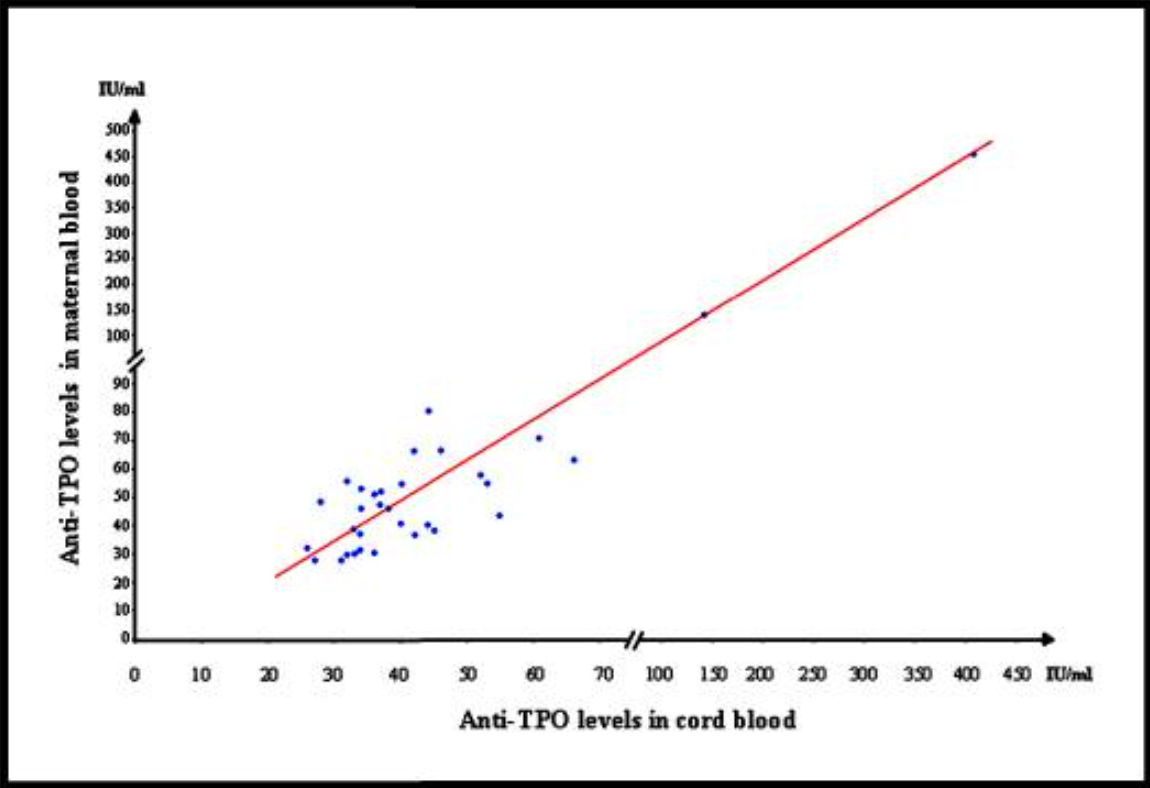 Корреляция между уровнями анти-ТПО в крови матери и в пуповинной крови при родах. Из Seror J, Amand G, Guibourdenche J, Ceccaldi PF, Luton D. Anti-TPO antibodies diffusion through the placental barrier during pregnancy. PLoS One. 2014 Jan 31;9(1):e84647. doi: 10.1371/journal.pone.0084647. Seror J, Amand G, Guibourdenche J, Ceccaldi PF, Luton D. Anti-TPO antibodies diffusion through the placental barrier during pregnancy. PLoS One. 2014 Jan 31;9(1):e84647. doi: 10.1371/journal.pone.0084647.