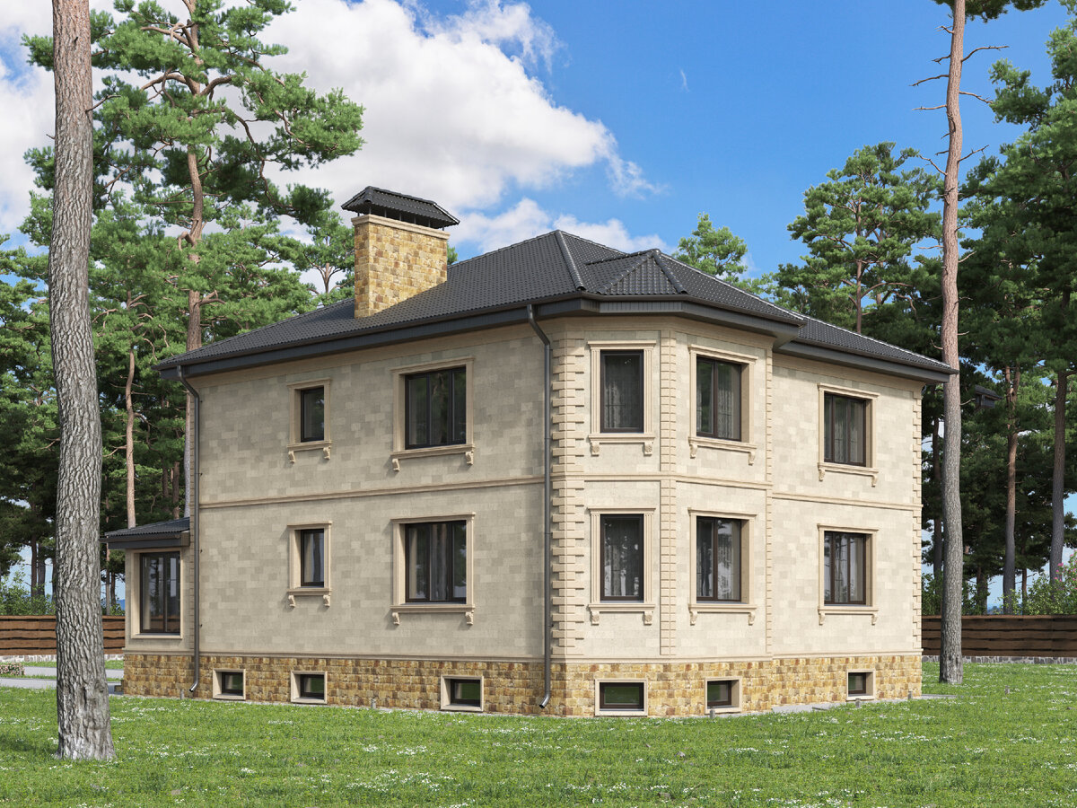 Дом из блоков, построенный по индивидуальному проекту. Полный комплекс услуг выполнен компанией "Мастер". Фасад 3. 