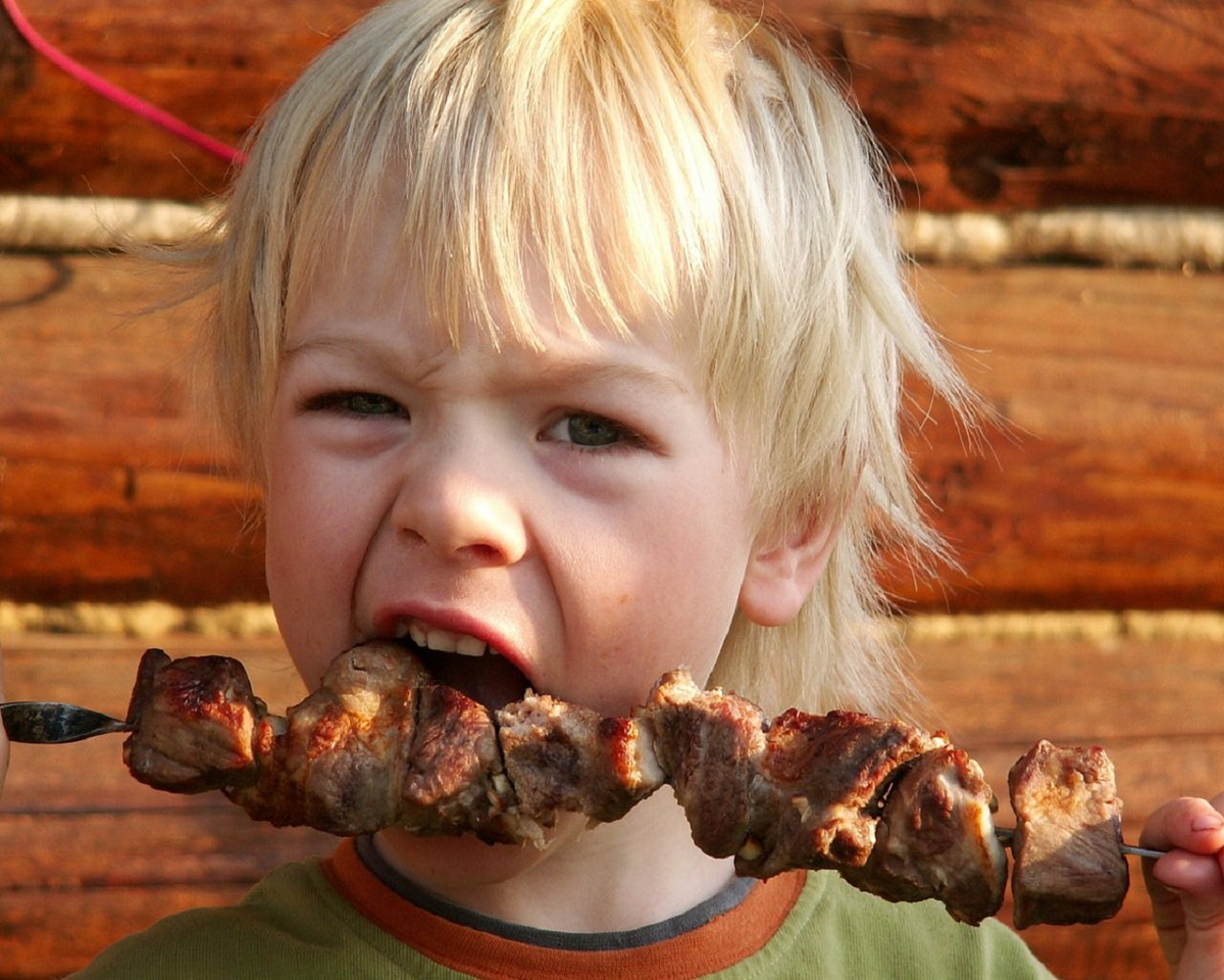 Скачай ест мясо. Ребенок с шашлыком. Кушает шашлык. Дети кушают шашлык. Малыш и шашлык.