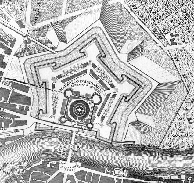 Замок на плане города, середина 18-го века. Источник: wikipedia.org