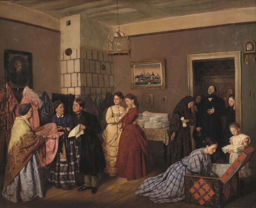 Василий Пукирев. Прием приданого по росписи. 1873. Холст, масло. 66,3х83,3 см. Третьяковская галерея