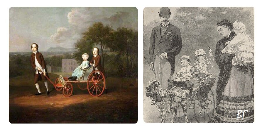 Первые коляски напоминали тележки. В них запрягали животных. Листайте.