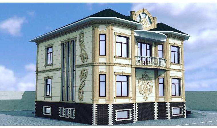 Фасадный декор. 3Д визуализация: подкровельный, межэтажный, цокольный карнизы. А также пилястры, барельефы и орнаменты, обрамления окон, балюстрада.