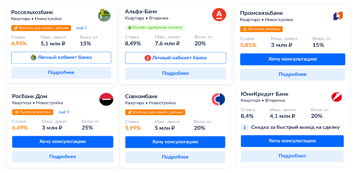 Вы увидите предложения от разных банков на одной странице. Сервис покажет условия по кредитам на покупку квартиры в новостройках и на вторичном рынке, а также по программам льготной и семейной ипотеки (содействие в подборе финансовых услуг/организаций. Банк ВТБ (ПАО), АО «Газпромбанк», АО «Райффайзенбанк» и другие)