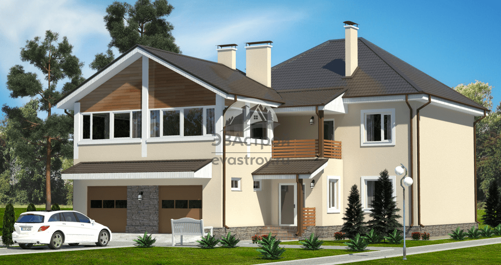 Проект двухэтажного дома 307 м2 с погребом, гаражом, балконом и террасой - 101-13