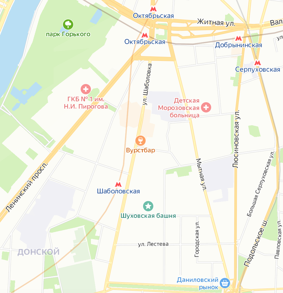 Расположение улицы Шаболовка на современной карте Москвы. Яндекс.Карты.
