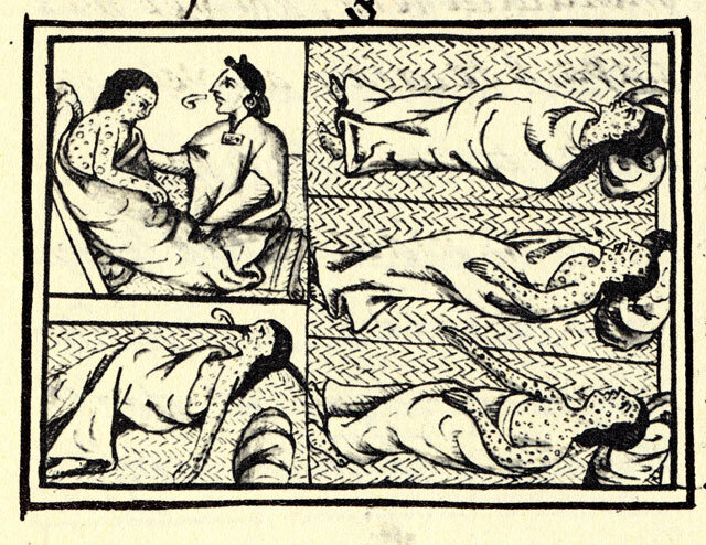  
    Фото: Wikipedia.org Сопроводительные рисунки к тексту из Флорентийского кодекса (1540—1585 гг.) индеец науа страдает от оспы (эпоха завоеваний испанцами центральной Мексики)