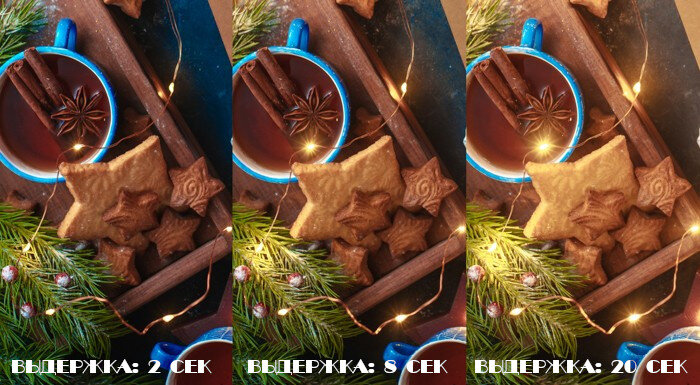 Разница между фото с выдержкой 2, 8 и 20 секунд
