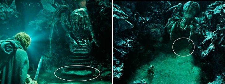 В части "Властелин колец: Возвращение короля" неожиданно пропадает лестница вместе с обмотанным паутиной Фродо.