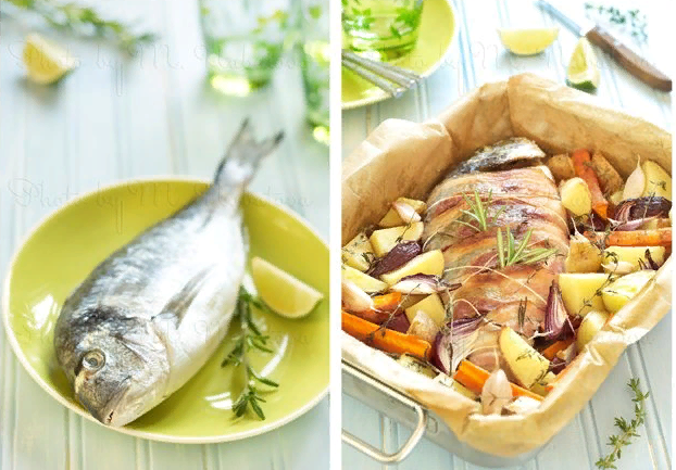 Дорада, запечeнная с овощами