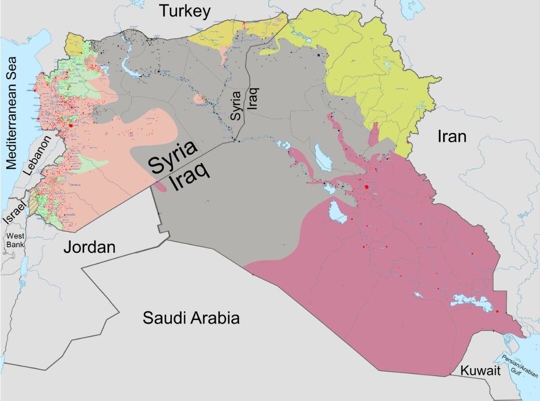 Серым на карте выделена территория, подконтрольная ИГ*, на самом пике её расцвета в 2014-2015 году