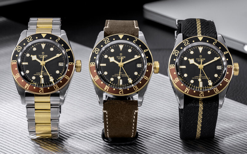 Часы Black Bay GMT S&G в 41 мм корпусе из стали и желтого золота на биколорном браслете, кожаном и жаккардовом ремешках