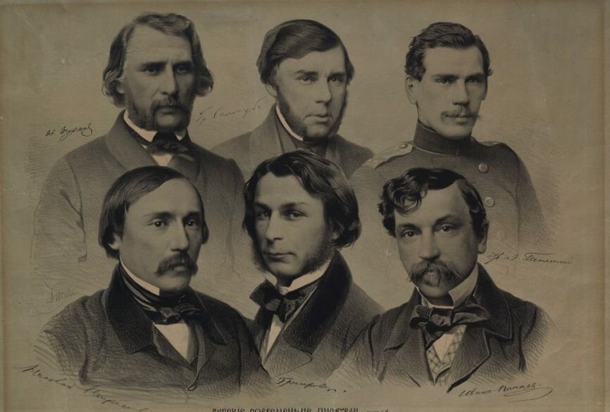 В.Ф. Тимм. Групповой портрет. Н.А. Некрасов, Д.В. Григорович, И.И. Панаев, И.С. Тургенев, В.А. Соллогуб, Л.Н. Толстой. 1857 