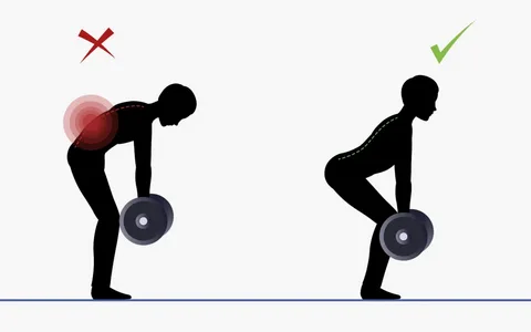 Иллюстрация выполнения становой тяги в двух вариантах. Правильный вариант - с зелёной галочкой. 