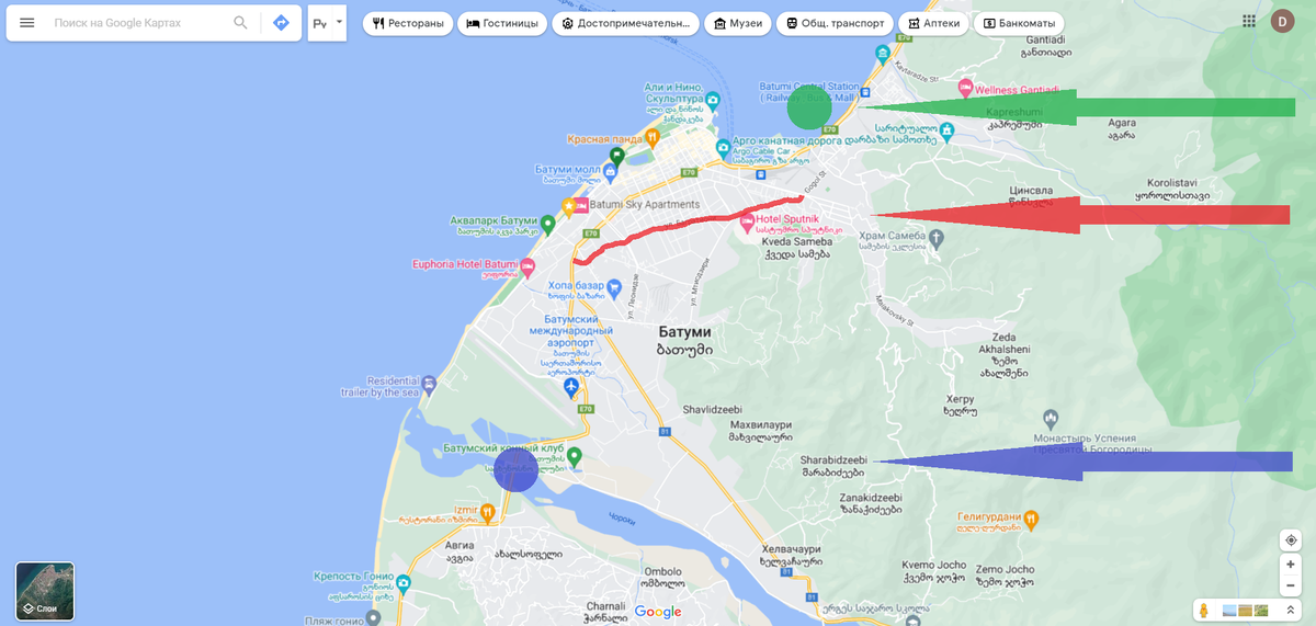 Синий - единственный мост для фур по дороге из Турции, красный - дорога для фур через Батуми, зеленый - предполагаемое место для нового острова. 