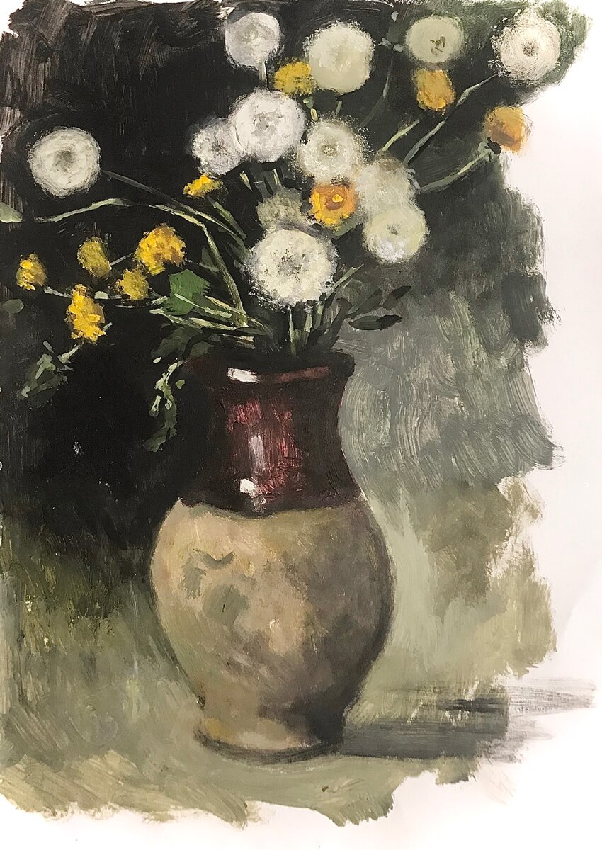 Сюжет: Одуванчики Левитана. Материал: бумага, акриловые краски, работа выполнена за полтора часа. 