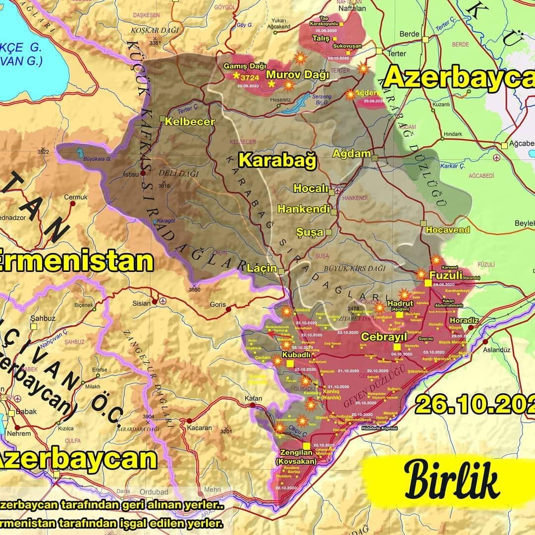 Карта боевых действий на 26 октября. Красные области - завоеванные Азербайджаном территории.