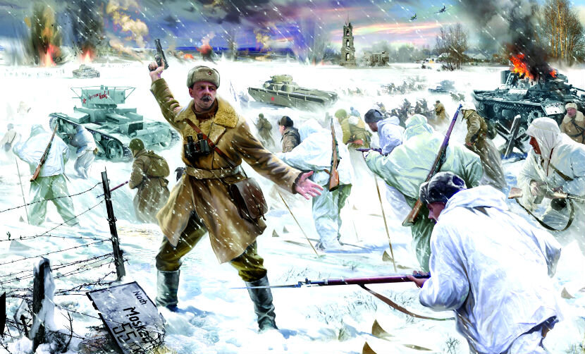 Битва под Москвой. Рисунок современного художника. Слева  наступает  легкий танк  Т-26 (с поручневой антеной на башне), а в центре тяжелый 5-башенный  Т-35. 