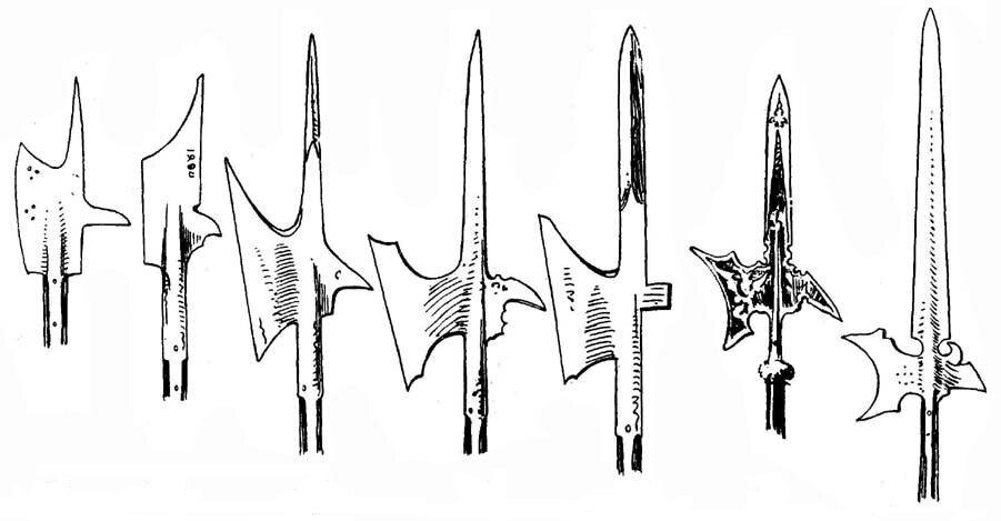 
Изменение формы немецких алебард в течение XV—XVI вв. еков (из книги В. Бехайма «Энциклопедия оружия»)