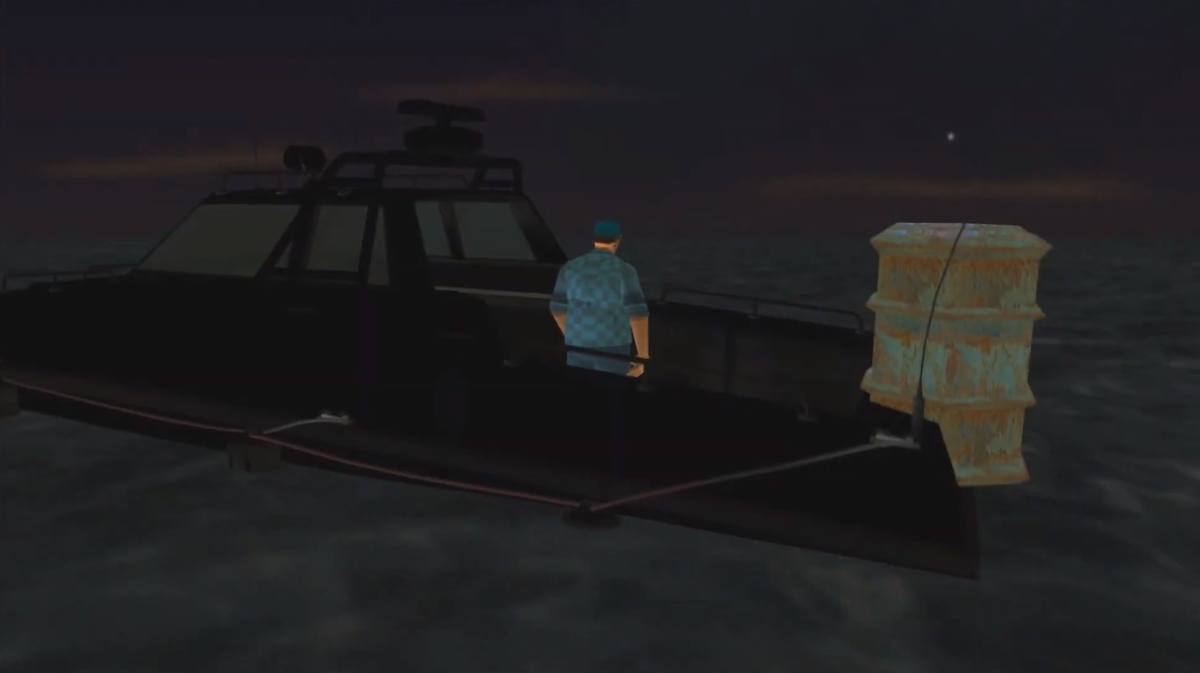 Персонаж кидает гранату в воду.