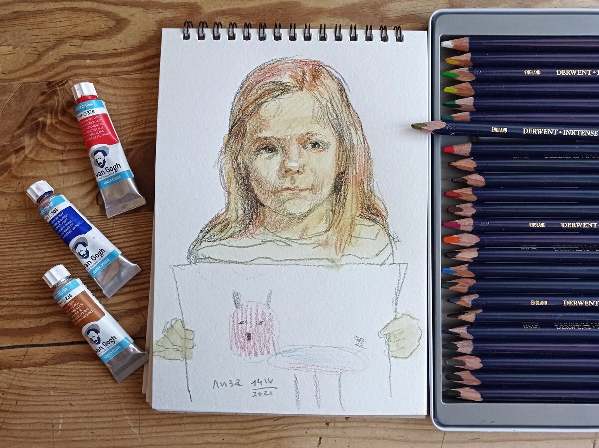 Салимова К., Лиза художник, зарисовка, бумага, акварель, акварельные карандаши