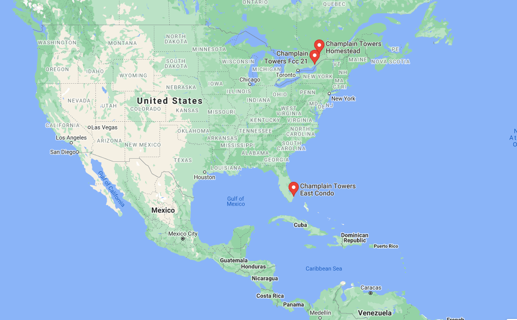 Скринкопия гугл-карты. Кондоминиумы Champlain Towers, один из которых разрушился, находились там, где расположен самый нижний красный маркер.