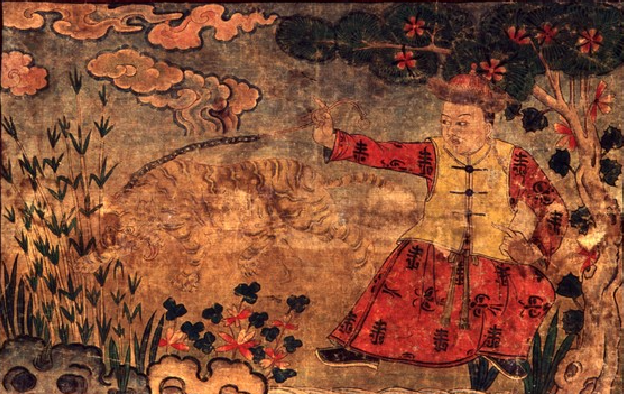 Монгол с тигром на цепи, Тибет, 1700–1799 годы / himalayanart.org