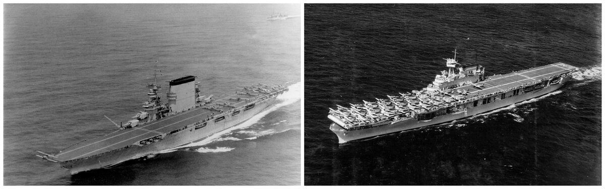 Авианосцы США: "Лексингтон" (слева) и "Энтерпрайз". 1942 г.