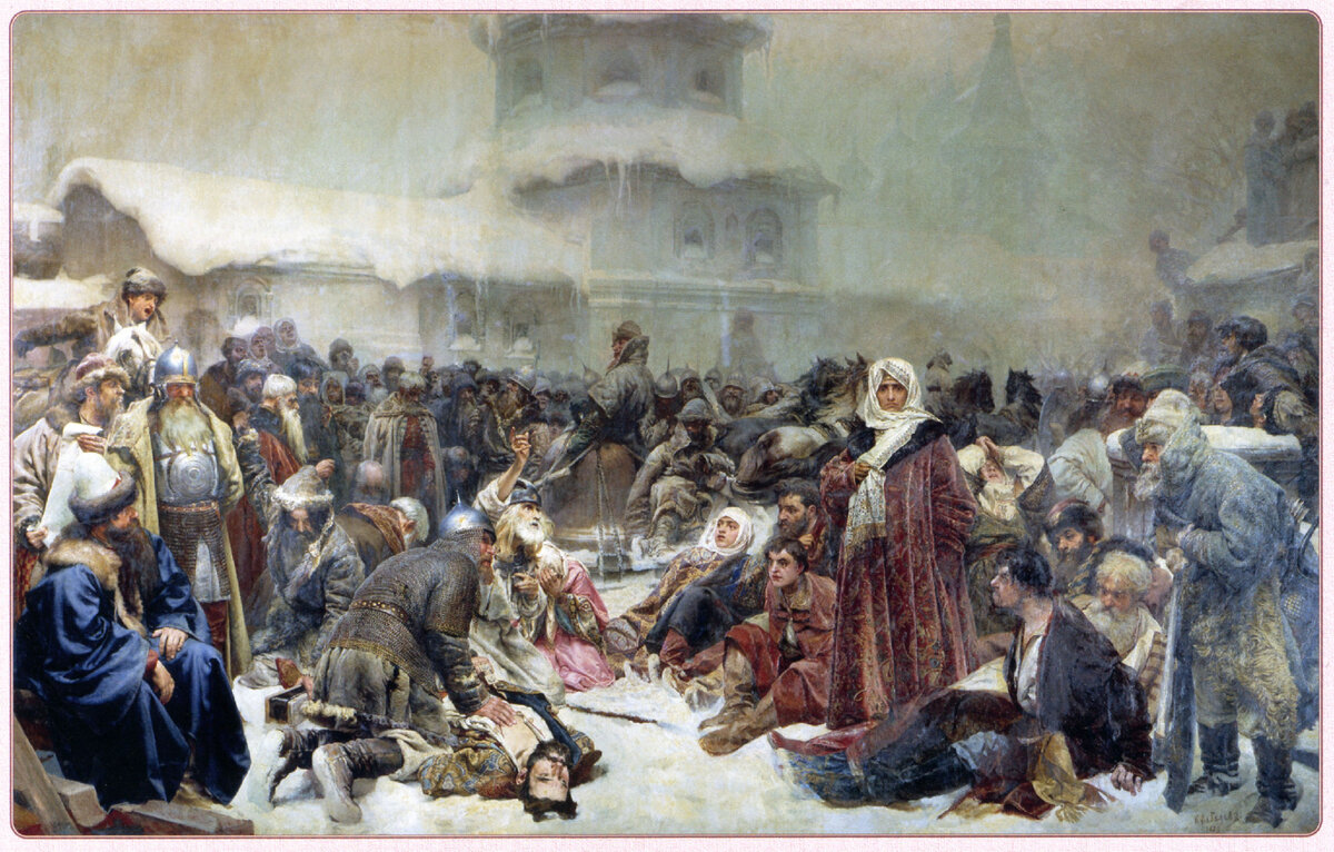 Тот же Клавдий Лебедев. Картина 1887 года "Уничтожение новгородского вече". Выяснилось, что разговоры и коммерческая выгода плохо помогают против хорошо вооруженного агрессора.