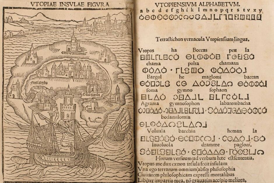Алфавит острова Утопия (разворот первого издания 1516 года)