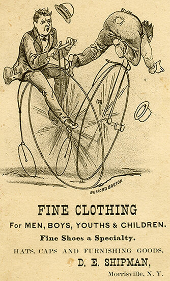 Рекламная карточка изысканной одежды из города Моррисвилля штата Нью-Йорк, Соединенные Северо-Американские Штаты Америки. 1880-е гг. Из коллекции Веломузея Андрея Мятиева.