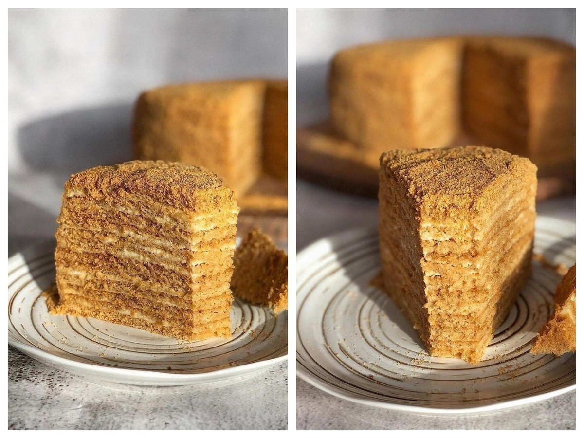 ПРИГОТОВЛЕНИЕ:
1) Тесто: В кастрюле с толстым дном соединяем мёд, сахар, масло и яйца. Ставим на средний огонь, постоянно помешиваем, пока сахар не растворится. Добавляем ложку соды и помешиваем на огне ещё около минуты. Масса будет пениться и увеличиваться в объёме. Убираем кастрюлю с огня и даём немного остыть.

2) Затем начинаем просеивать в тесто муку. Не стоит вводить сразу всю, лучше оставить грамм 100 и добавлять понемногу, чтобы тесто не получилось сильно тугим. Оно должно быть мягким, эластичным и не должно липнуть рукам. Оставляем тесто немного разойтись, минут на 10.

3)Затем разделяемся на 10-12 частей. И раскатываем в тонкие коржи, я раскатывала сразу на пергаменте (пергамент берём силиконизированный!) Выпекаем каждый корж в разогретой до 170-180*С духовке до золотистого цвета.

4) Затем обрезаем по кругу ножом (я использовала тарелку), чтобы получились ровные коржи. Обрезки нужны для крошки, чтобы сделать обсыпку.
⠀
5) Крем: С помощью миксера смешиваем сметану со сгущёнкой.
⠀
6) Сборка: Каждый корж промазываем 3-4 ст.л. сметаны, затем промазываем верх и бока торта. Обрезки коржей складываемся в блендер с насадкой нож или кухонный комбайн (можно вручную) и измельчаем до мелкой крошки. Аккуратно обсыпаем торт медовой крошкой.
⠀
7) Самый вкусный Медовик готов!! Убираем в холодильник на 3-5 часов, а лучше готовить с вечера и убрать на ночь!

ПРИЯТНОГО АППЕТИТА!❤👩🏻‍🍳