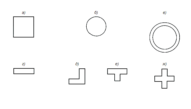 Поперечные сечения колонн: а - квадратное; б - круглое; в - кольцевое; г - прямоугольное; д - уголковое; е - тавровое; ж - крестовое