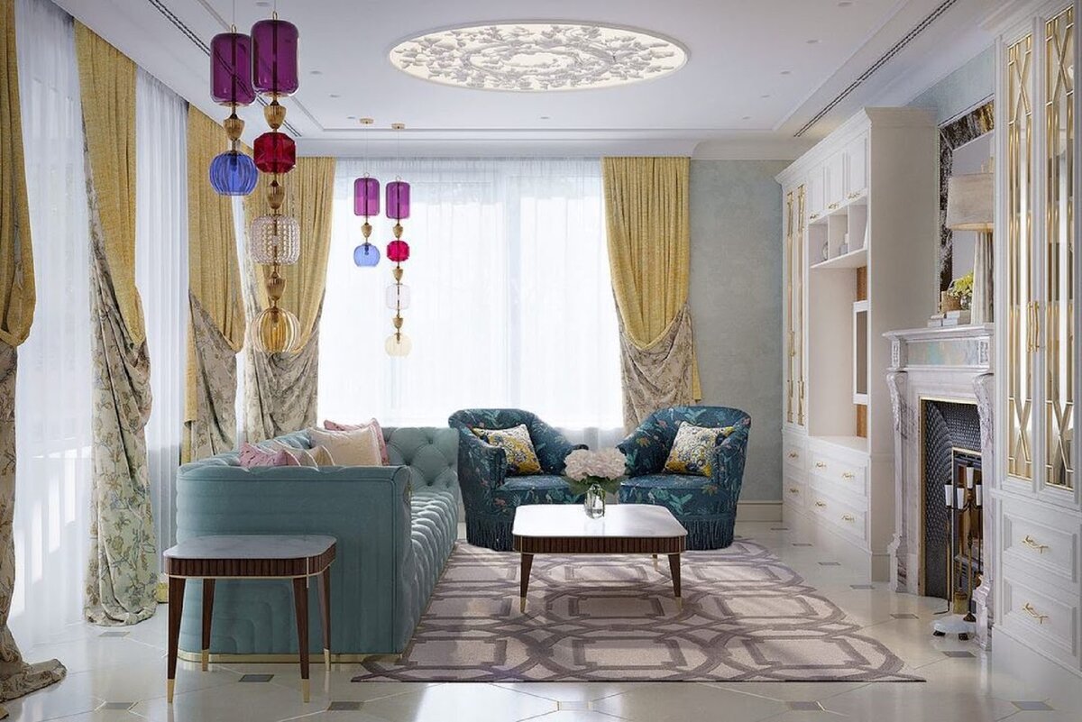 Дизайн гостиной для проекта в стиле фьюжн, совместная работа дизайнеров Катерины Дубровской и Анастасии Пчелинцевой, Санкт-Петербург