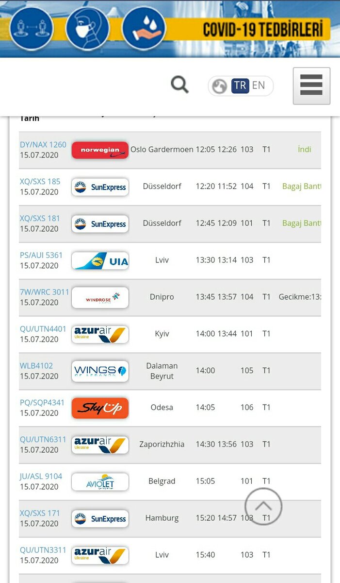 Табло прилетов в аэропорту Анталии