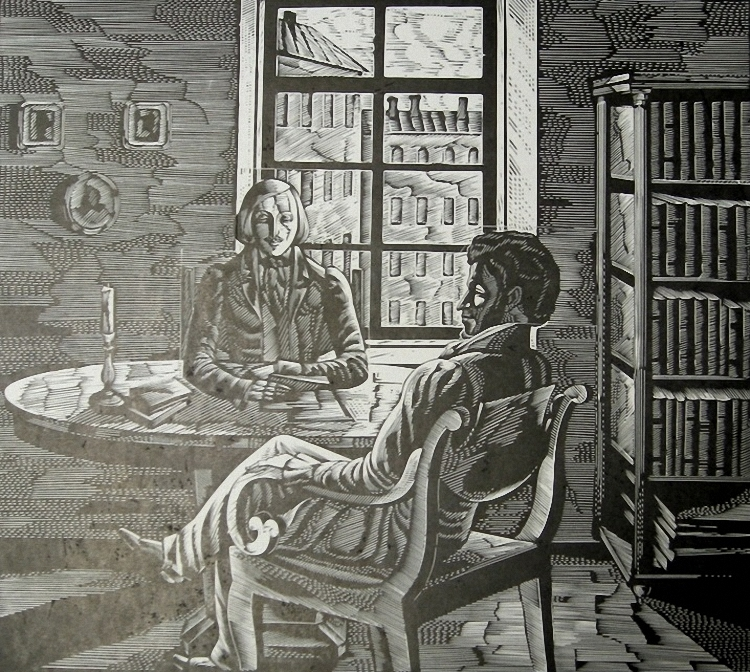 В.Зелинский . Гоголь читает Пушкину. Гравюра.
