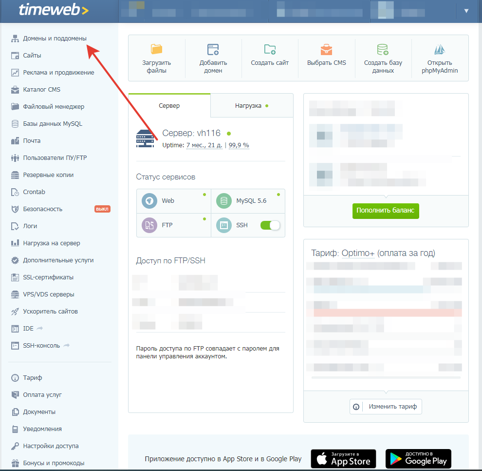Блок домены и поддомены для добавления домена на хостинг