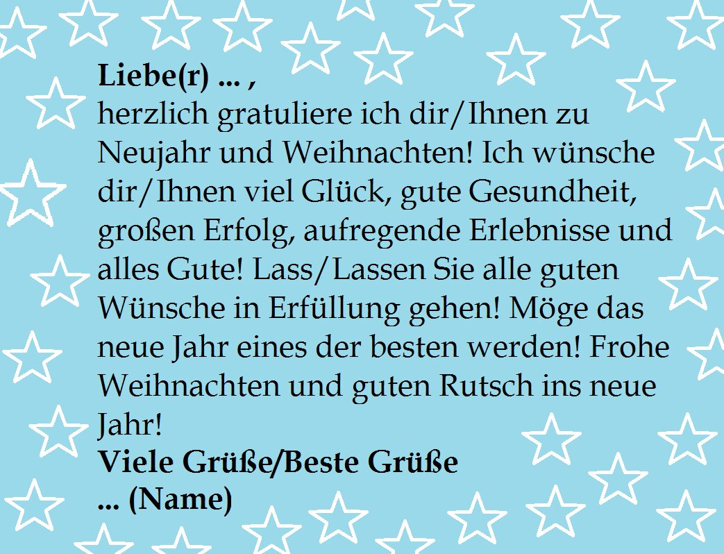 Обратите внимание на знаки препинания - именно так поздравление будет оформить правильно в электронном письме или открытке, если, конечно, Вы хотите написать довольно много. dir+dir+Lass+Viele Grüße - для письма другу, с которым Вы на "ты". Ihnen+Ihnen+Lassen Sie+Beste Grüße - для письма человеку, с которым Вы на "Вы". 