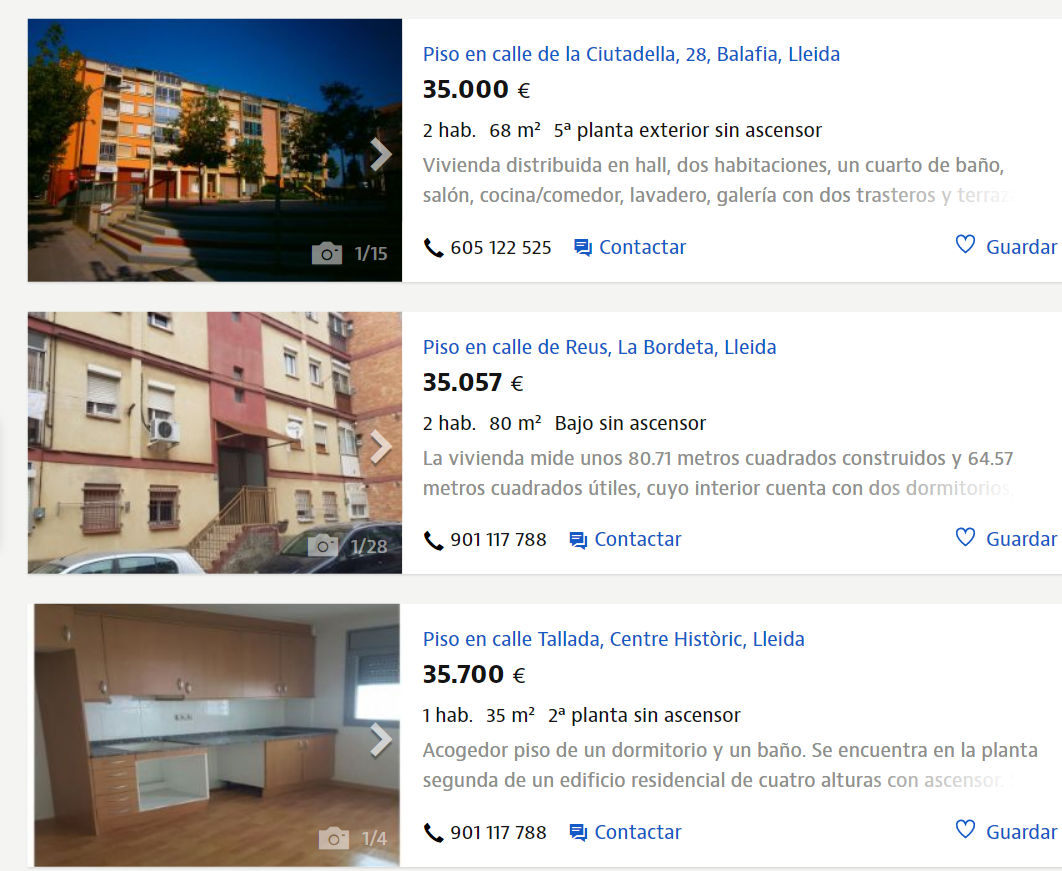Пример цен на квартиры в Лериде на сайте Idealista